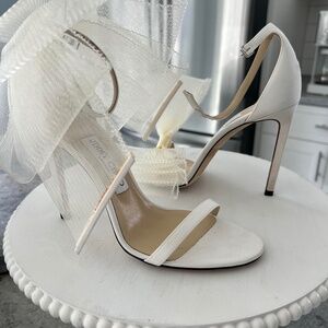 Jimmy Choo Aveline 100 High Heel Bow Ankle Strap Open Toe White Sandal $700 7.5